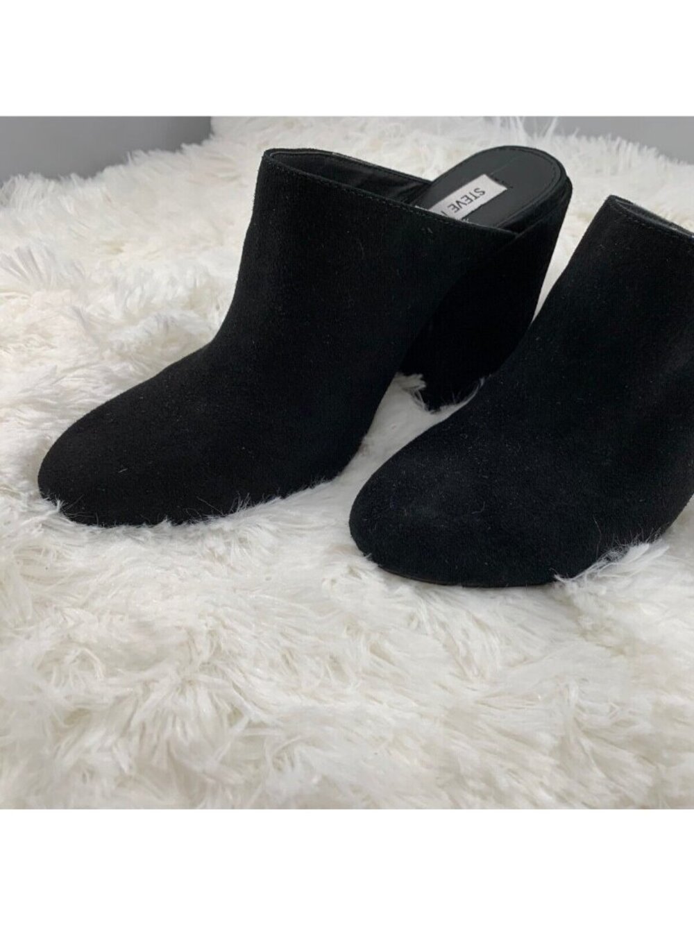 Steve Madden Stela Suede Shoes Block Heel Mules 7.5M Black Closed Toe Leather